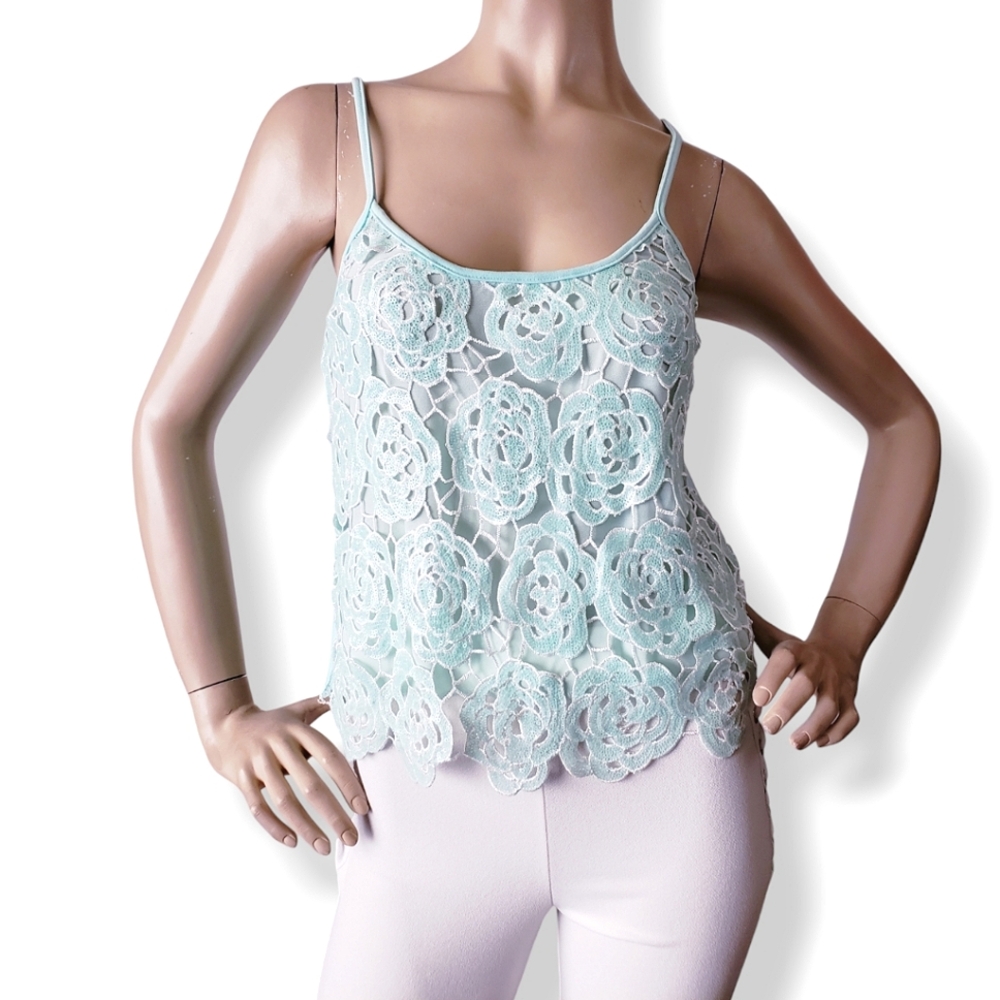 Just Me Mint Green Floral Lace Sequin Cami Top